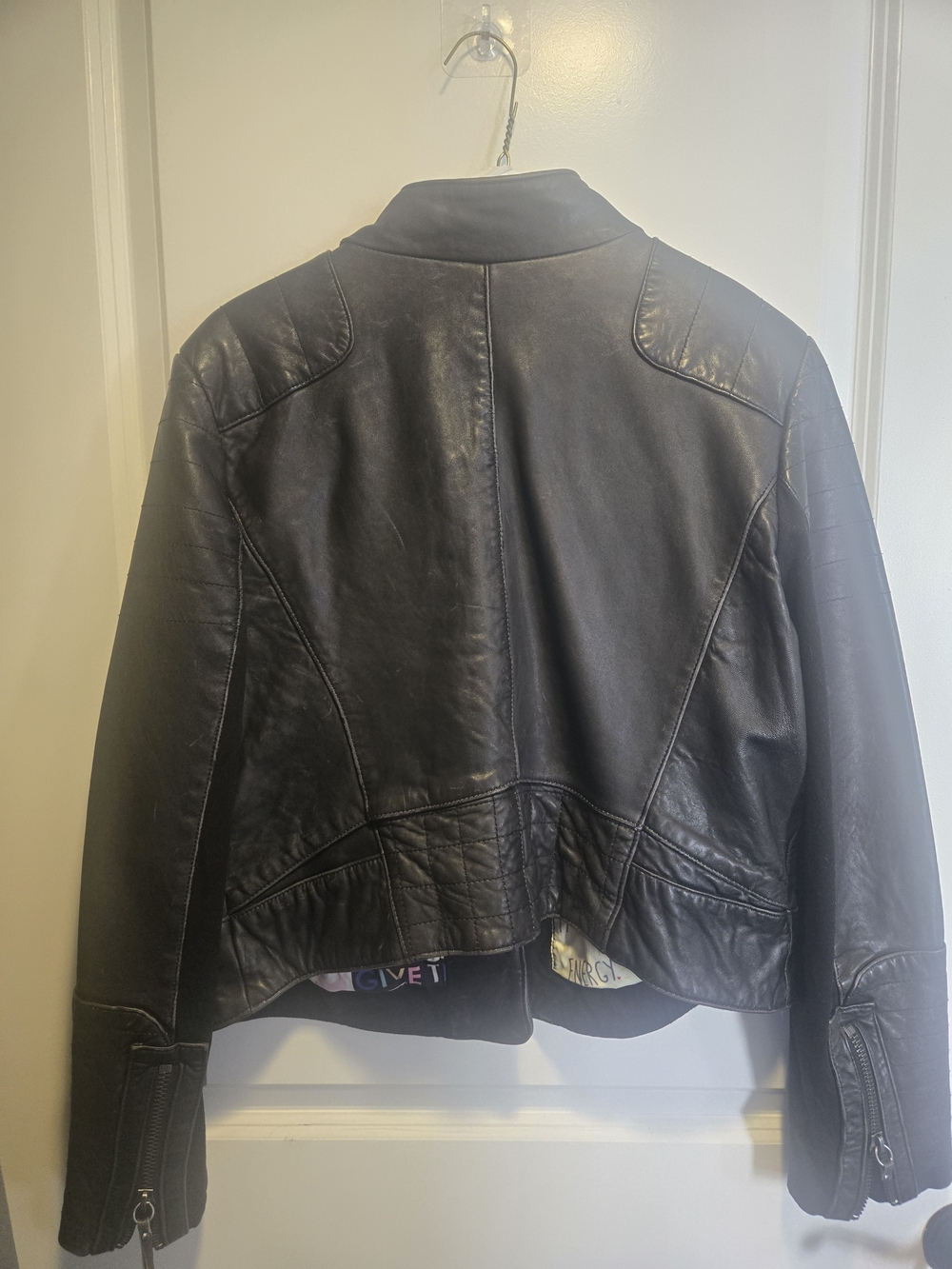 Women’s Black Leather Jacket with Zip Cuff Details